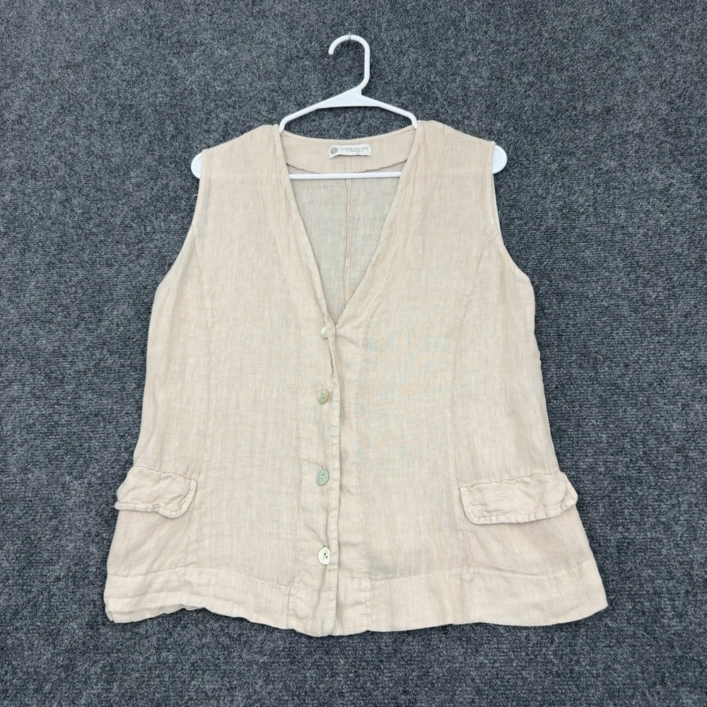 Cobblestone Living Vest Women OS Beige Linen Button Front Pockets Coastal Boho